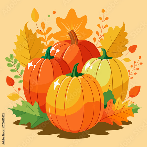 Vibrant flat illustration autumn harvest pumpkins leaves vector vector