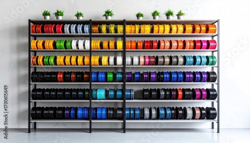 Colorful 3D printer filament rolls organized on shelves.
