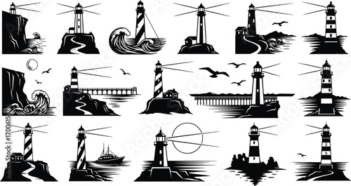 Lighthouse silhouettes, coastal lighthouse icons, sea waves and cliffs, nautical navigation symbols, ocean scenery vector, maritime light tower illustrations, beacon on rocks, seascape lighthouse desi