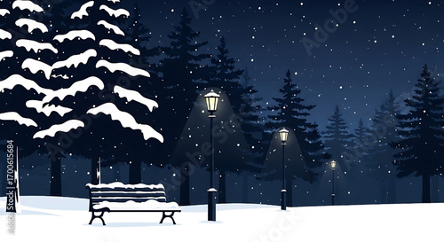 Winter night landscape with snow covered trees and park bench illustration