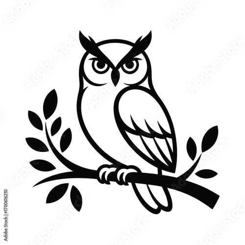 Black and white illustration of an owl perched on a branch