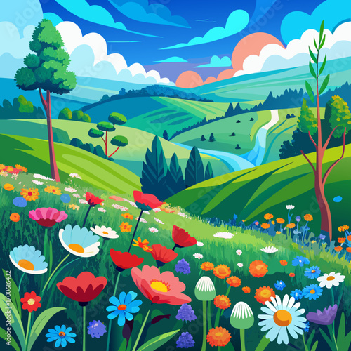 Vibrant idyllic landscape painting meadow flowers hills sunny sky vector