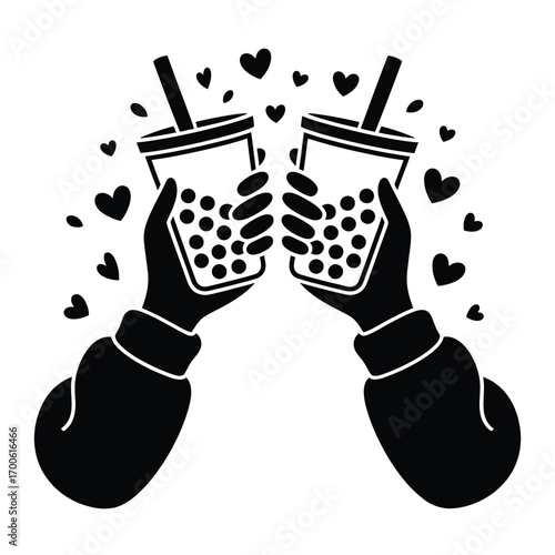 Two hands holding bubble tea cups in a toast with hearts