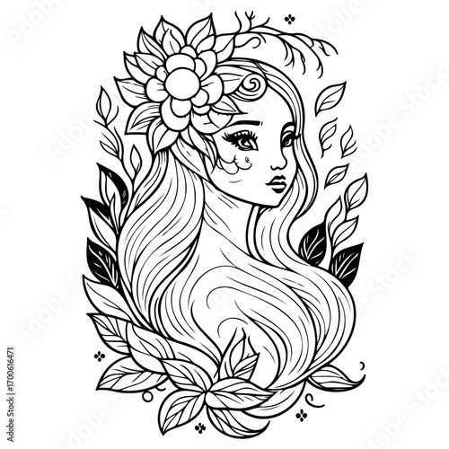 mythical beautiful xana with floral illustration sketch hand draw