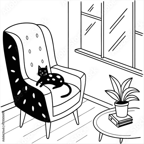 minimalist vector illustration with blue armchair inside room with black cat with white spots on it