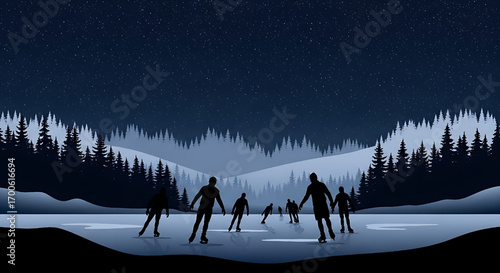 Ice Skating Under the Stars Silhouette Winter Landscape Night Scene