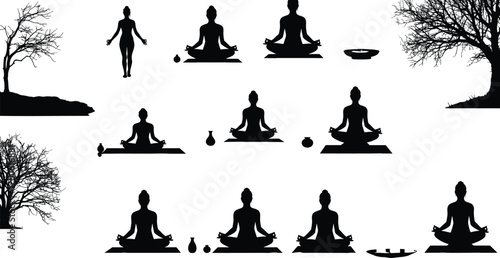 Meditation silhouette set, yoga poses, calm peaceful women, lotus position, mindfulness, spiritual practice, serene nature, tree silhouette, relaxation, wellness