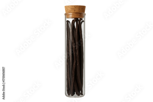 Vanilla pods contained in a glass jar with cork stopper on a transparent background
