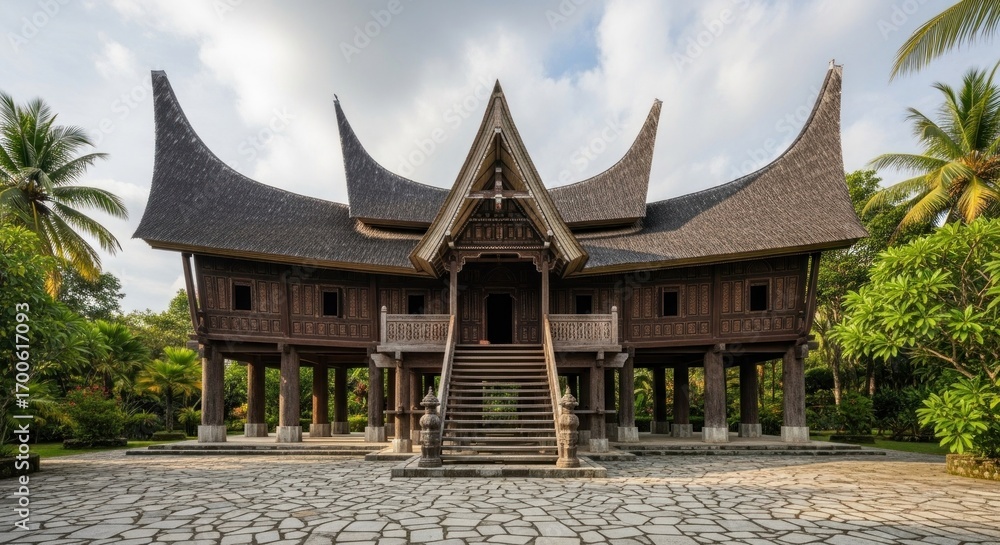 Fototapeta premium A stately wooden house with distinctive, peaked roofs stands proudly amidst lush tropical greenery.