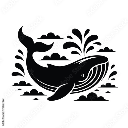 Stylized silhouette of a whale spouting water amidst clouds