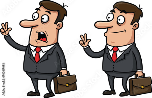 Cartoon businessmen in suits holding briefcases making three‑finger gesture with surprised and calm expressions, business reaction vector illustration for workplace concept