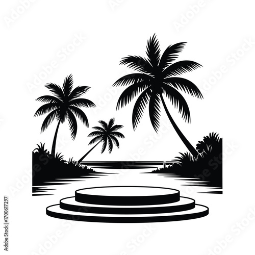 Tropical beach podium with palm trees and water silhouette
