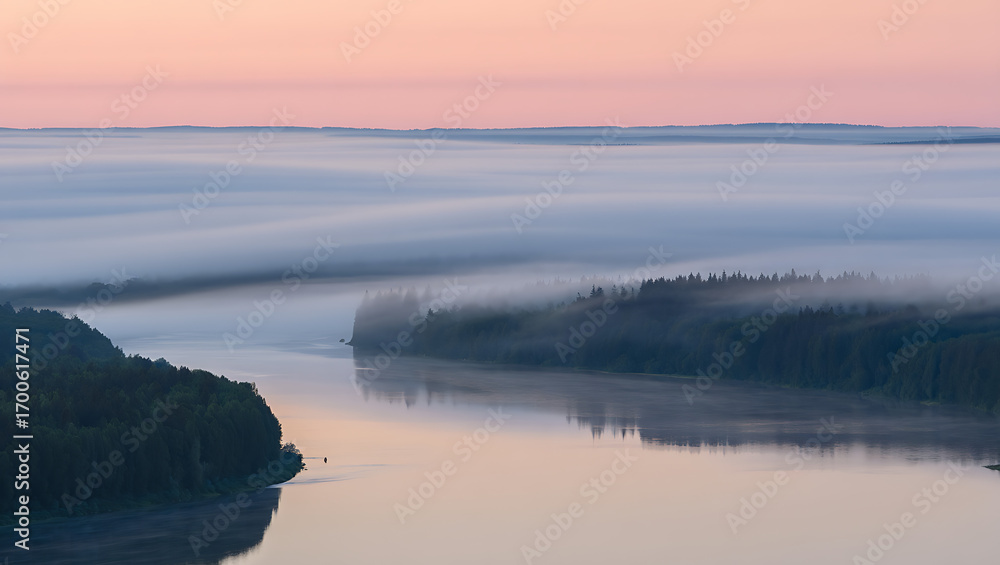 Fototapeta premium A serene river winds through a misty forest landscape at dawn, with soft pink and blue hues painting the sky