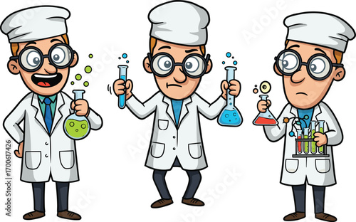 Cartoon scientists conducting colorful lab experiments with glassware, test tubes, flasks, chemical reactions, and laboratory equipment in white coats