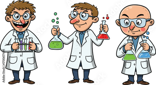 Cartoon scientists in white lab coats holding colorful chemical flasks and test tubes, laboratory experiment concept, science research illustration