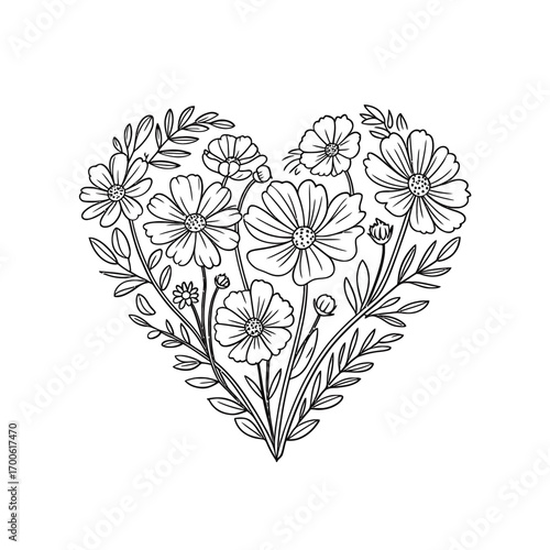 Hand drawn floral heart illustration with delicate flowers and leaves
