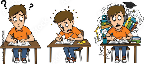 Cartoon student overwhelmed by homework, showing emotional stages of study stress, academic burnout, frustration, confusion, and exhaustion at school desk