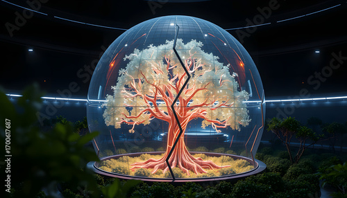 An abstract orange tree bathed in the sky's blue light, a surreal landscape of nature's energy