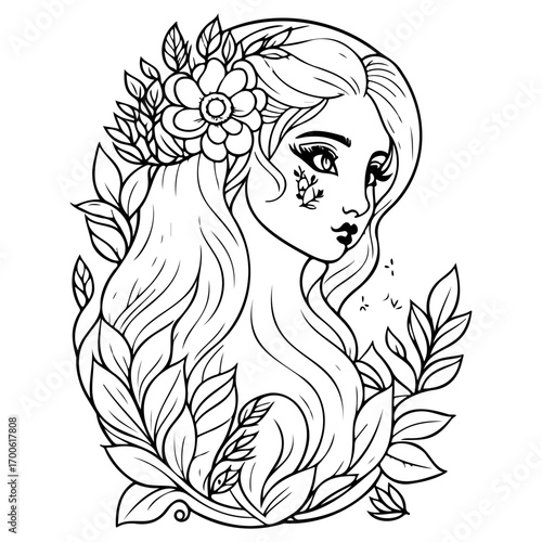 mythical beautiful xana with floral illustration sketch hand draw