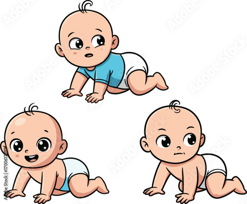 Playful crawling baby cartoon characters in diapers, cute infant vector illustration set for children’s books, educational materials, and parenting resources