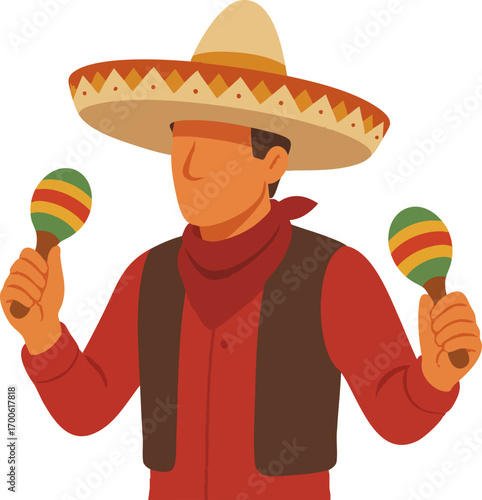 Mexican man with sombrero and maracas illustration isolated on white