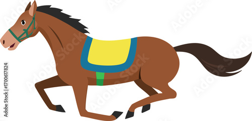 Galloping brown horse with saddle illustration isolated on white background