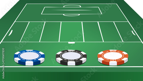 Casino poker chips on green sports field illustration isolated on white