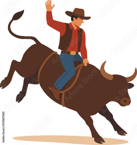 Rodeo cowboy riding bull wild west illustration isolated on white background