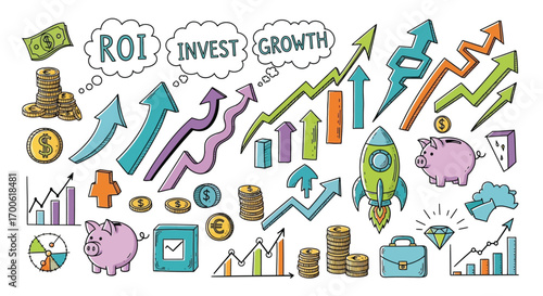 ROI Invest Growth Doodle Vector Illustration with Money Arrows Rocket Piggy Bank and Briefcase Concepts for Finance