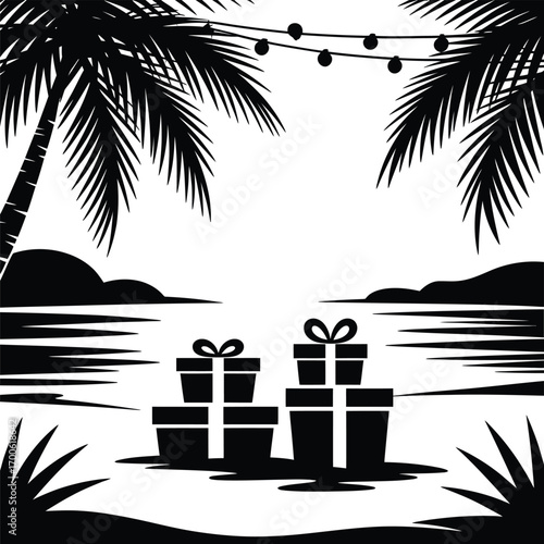 Tropical christmas gifts on a beach under palm trees and string lights