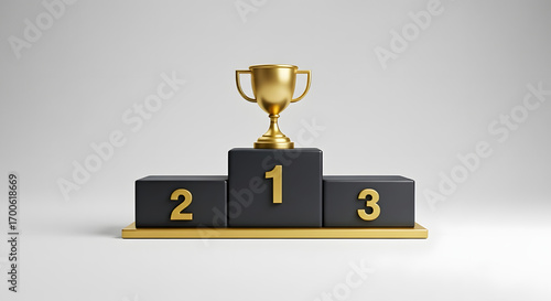 A gold trophy on a winners podium with numbers 1, 2, and 3