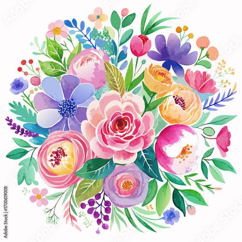 Vibrant watercolor floral arrangement circle illustration vector