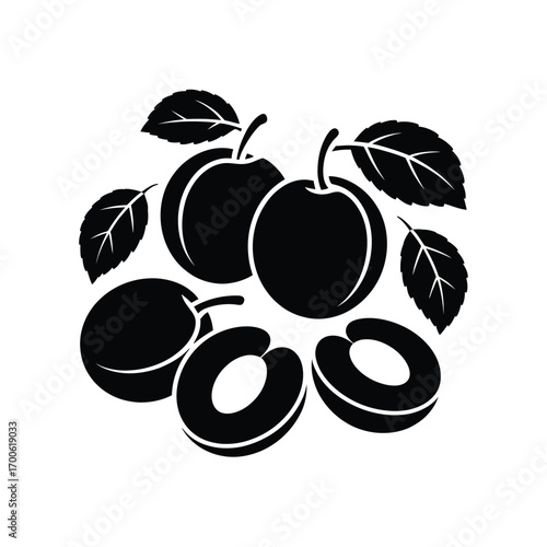 Black and white illustration of ripe plums with leaves