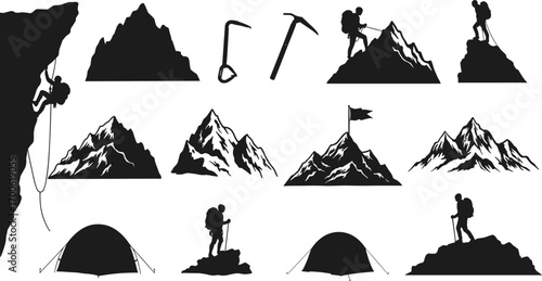 Mountain climbing silhouettes, hikers with backpacks, rock climbing, camping tents, ice axe, mountain peaks, adventure, outdoor sports, hiking gear, summit flag