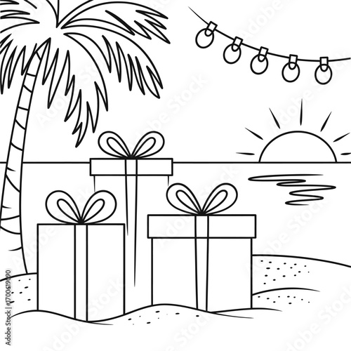 Tropical beach scene with presents and sunset illustration