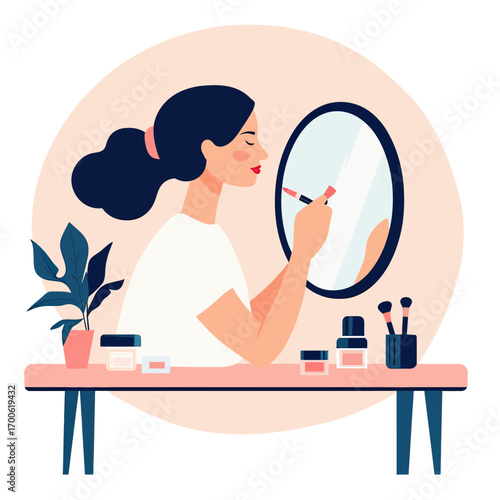 Woman applying lipstick sitting at dressing table with makeup brushes, cosmetic jars, and round mirror in minimalist flat style vector illustration