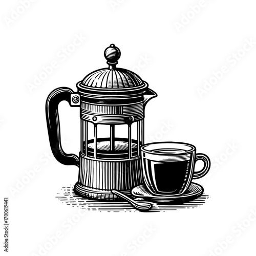vintage vector drawing of french press and cup of coffee