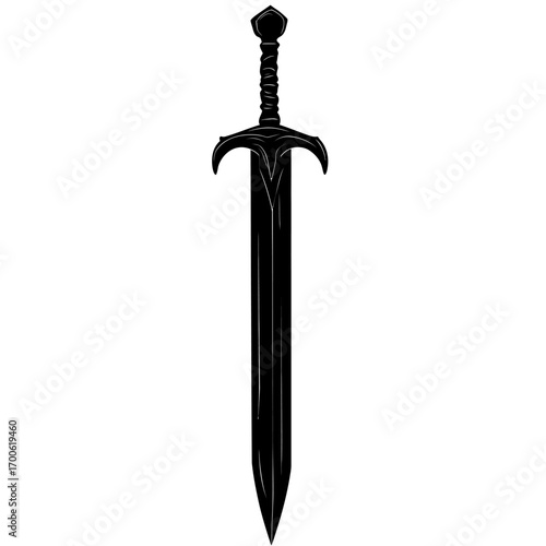 Black silhouette medieval sword with detailed hilt and sharp double edged blade in minimalist flat vector style illustration on white background