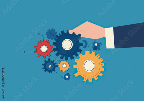 Business hand holding colorful interconnected gears symbolizing teamwork, strategy, innovation, and problem solving in flat vector style
