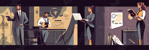 Business team collaboration analyzing data charts and reports in modern office interior flat vector illustration