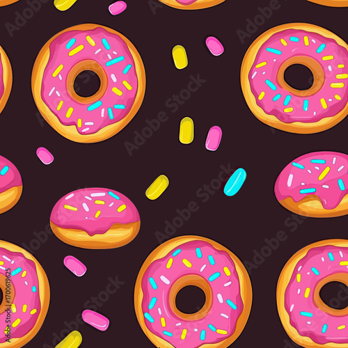 Seamless pattern of colorful pink frosted donuts with multicolor sprinkles on dark background vector illustration in flat minimalist style