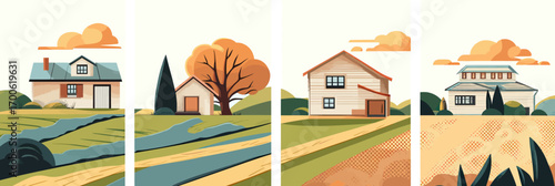 Rustic countryside houses with autumn trees rolling hills farmland and clear sky rural landscape minimalist flat vector illustration set