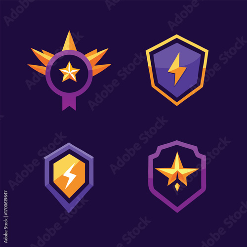 Collection of colorful game badges and achievement icons for rewarding players in video games and apps on a dark purple background