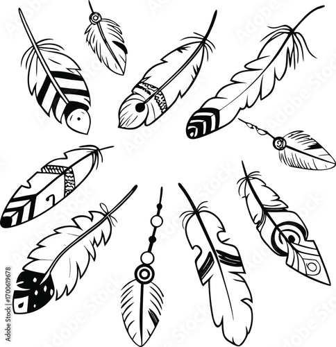 A set of space rocket icons and black feather silhouettes in a seamless pattern vector illustration
