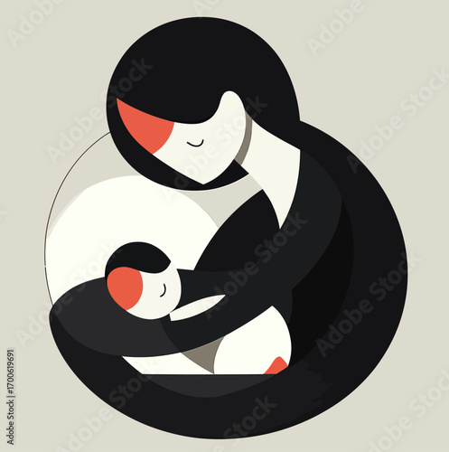 Minimalist vector illustration of mother gently embracing sleeping baby with warm affectionate expression in abstract modern flat design