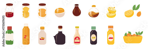 Flat vector illustration of assorted pantry staples bottles and containers with condiments sauces honey mustard ketchup oil vinegar and preserved foods in glass jars and bottles with fruits and herbs