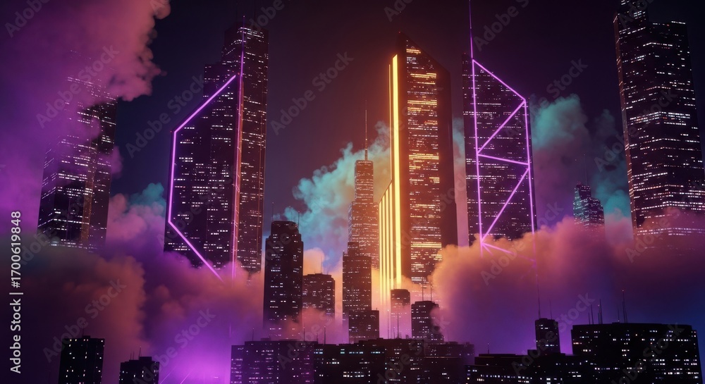 Obraz premium Futuristic Cityscape Illuminated by Neon Lights and Clouds