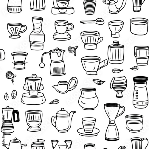 Seamless hand drawn black and white coffee cups coffee pots coffee makers and mugs pattern with leaves minimalist vector background for cafe wallpaper textile design