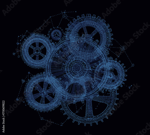 Abstract blue wireframe gear wheels mesh with interconnected mechanical cogs and digital technology low poly mesh on black background vector illustration