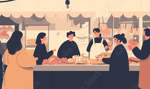 Outdoor food market scene with customers buying fresh bread and pastries from vendors under white canopies in flat minimalist vector style